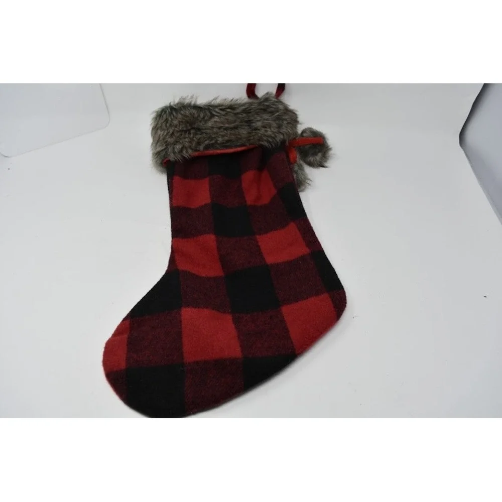 Red Black Buffalo Plaid Christmas Stocking Faux Fur Cuff Rustic Cabin Farmhouse